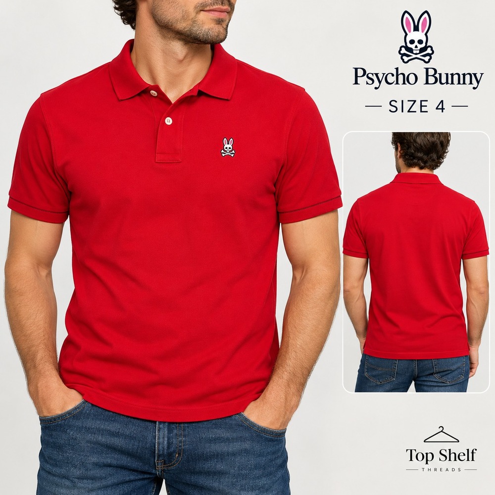 Psycho Bunny Men 4/S Red Classic Pique Polo Shirt Pima Cotton Skull Embroidered